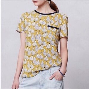 Maeve Hen print blouse teacher as seen on tv novelty owls mustard artsy size 8